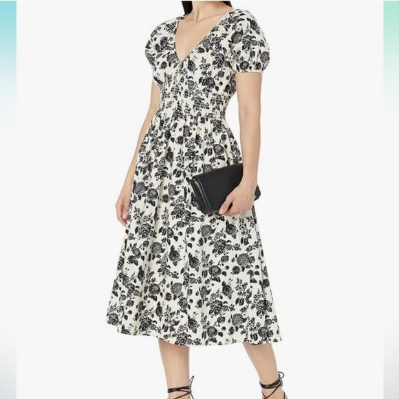 Cream Black Dark Cottage Floral Midi Cute Flirty Dress Size Large NWT - Picture 1 of 9